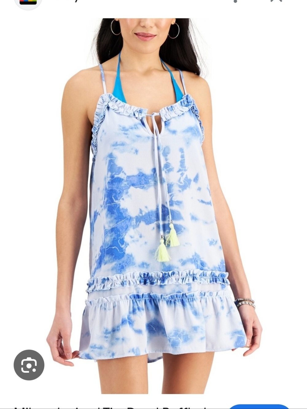 Tie-Dye Blue Ruffle Swim Coverup with Tassel Tie